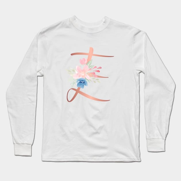 Letter E Rose Gold and Watercolor Blush Pink and Navy Long Sleeve T-Shirt by Harpleydesign